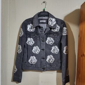 Bagatelle Black Jean Jacket with White Floral Design